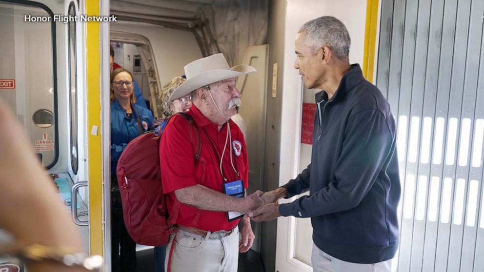 Former President Obama surprises veterans on flight to DC with special Veterans Day salute: "Hello, everybody. I wanted to stop and say thank you for extraordinary service. To you, your family, sacrifices all made to protect our country is something that will always be honored, and we are grateful."